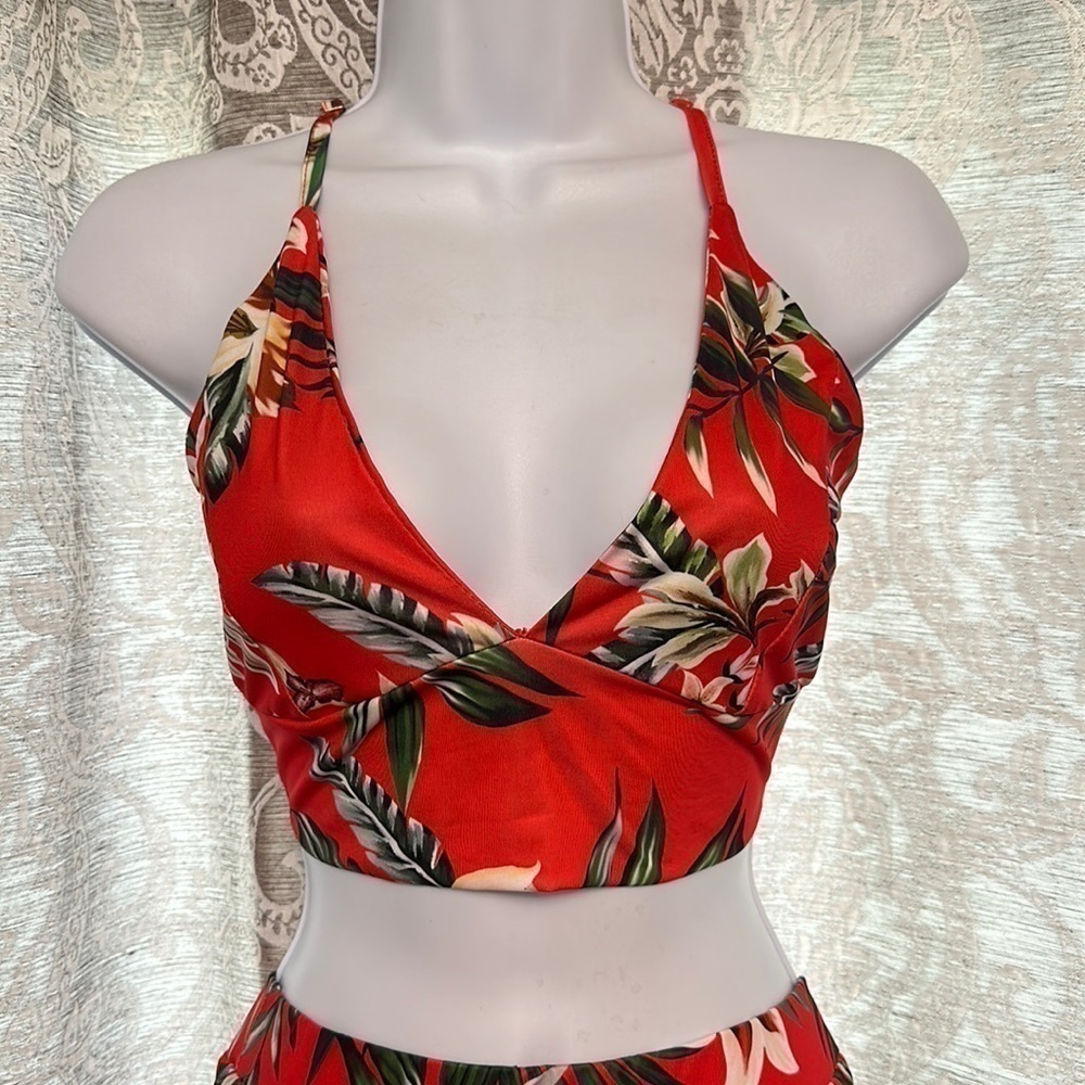 TROPICAL Two Piece Skirt Set Red Size Large Palm Print Lillies Summer - Picture 3 of 16